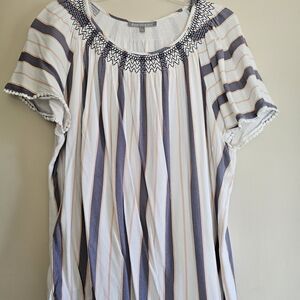 Daniel Rainn White Striped Short Sleeve Smocked Neck Top